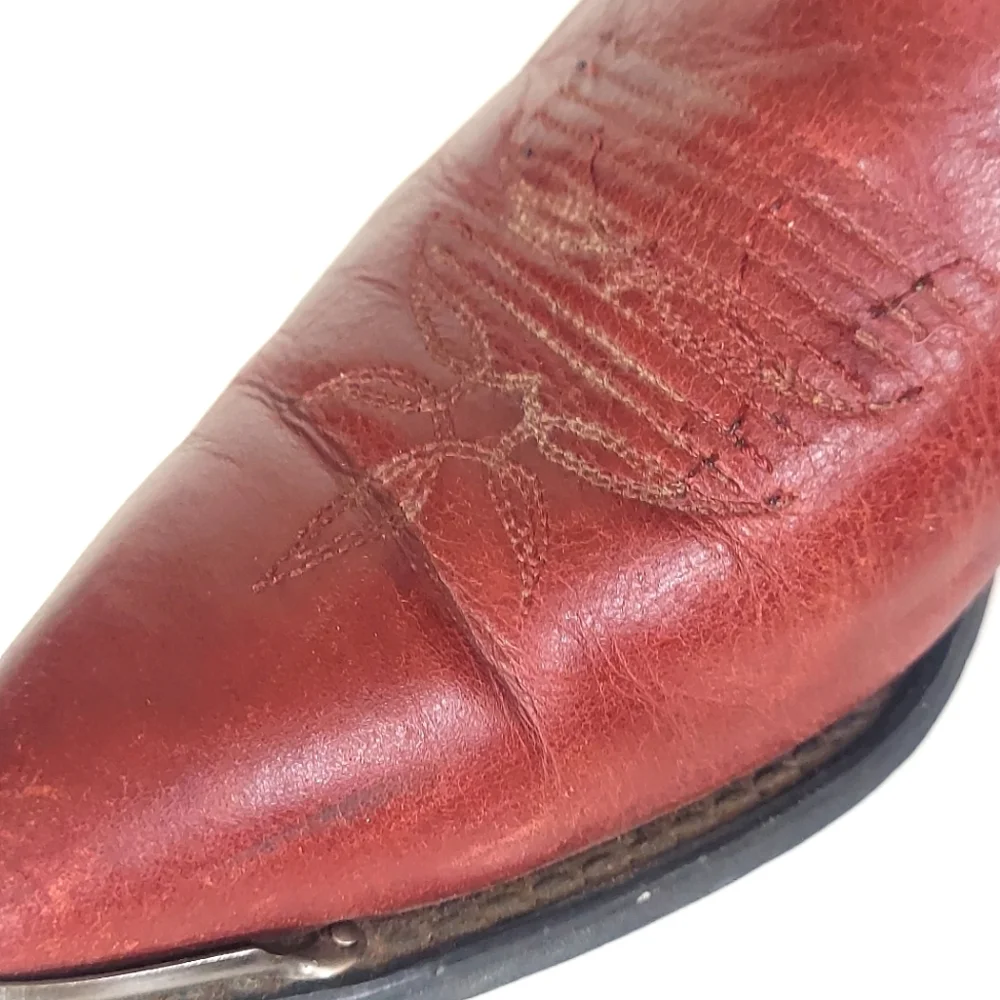 Burgundy & Light Beige Leather Heeled Cowgirl Boots - Picture 12 of 15
